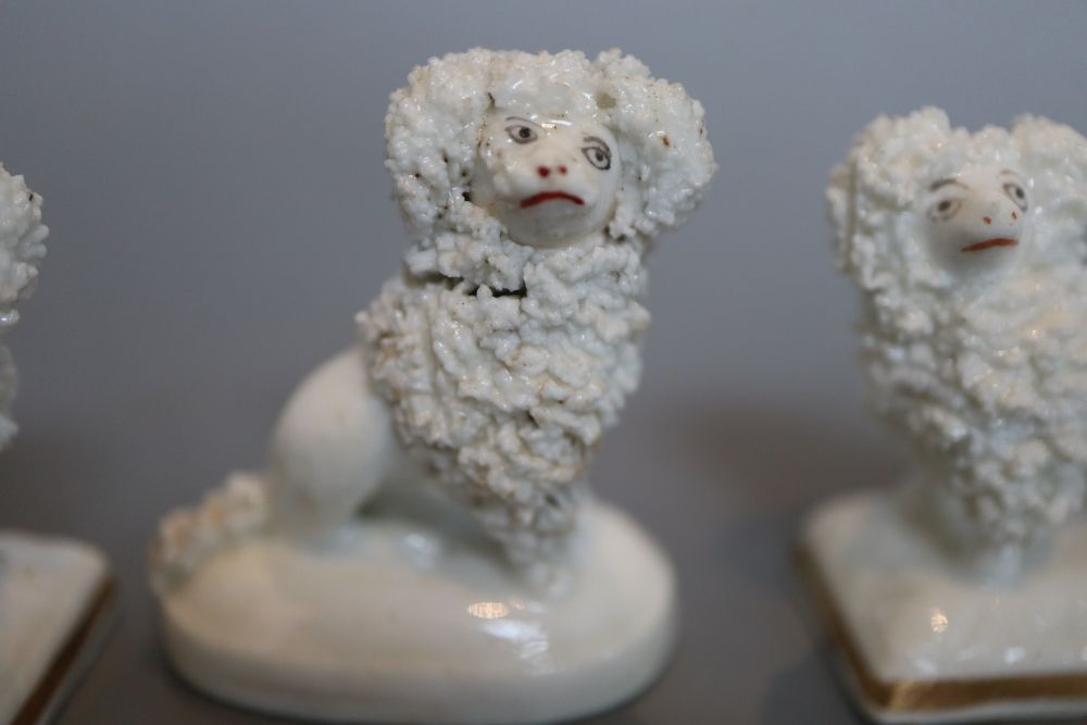 Four Staffordshire porcelain toy figures of poodles, c.1830-50, H. 3.7 - 4cm